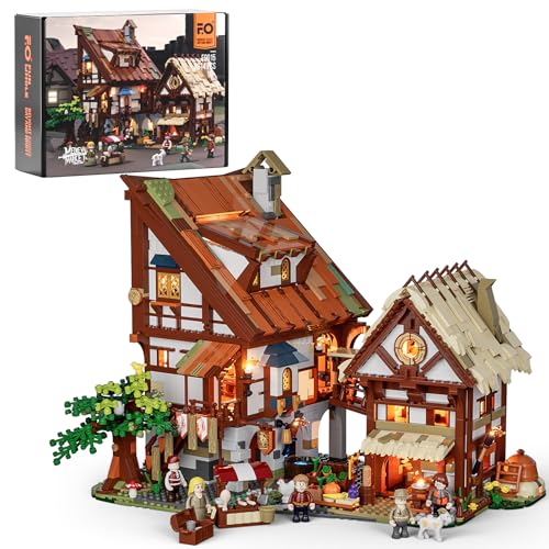 FUNWHOLE Mittelalter Markt Bauset mit LED - 2614 Stück Klemmbausteine für Erwachsene, Sammlerstück & Dekoration für Wohnzimmer, Schreibtisch oder als Geschenk von FUNWHOLE