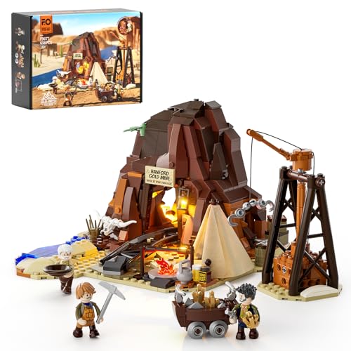 FUNWHOLE Goldmine Bauset mit Beleuchtung – 658 Bausteine Western Mining Camp mit funktionierendem Lorenwagen, Dynamit, doppelseitigen Minifiguren & Tunneln – Wildwest Set für Erwachsene & Jugendliche von FUNWHOLE
