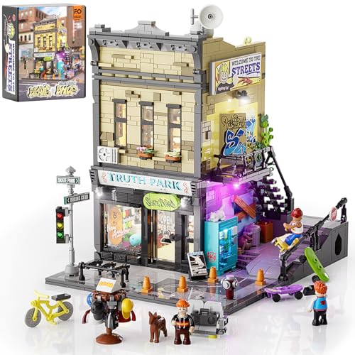 FUNWHOLE Skate Shop Bausteine Set mit LED Licht, 1573 PCS Bauklötze Straße Fusion Modell Klemmbausteine Spielzeug für Erwachsene und Jugendliche von FUNWHOLE