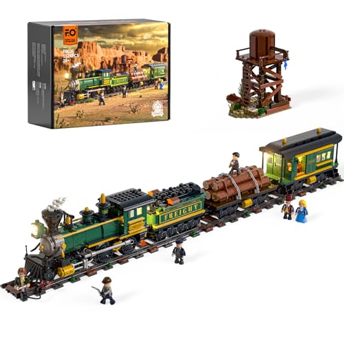 FUNWHOLE Western-Güterzug Bauset – 1524 PCS 4-4-0 Dampflok Modell mit Beleuchtung, Gleisen, Wasserturm & 6 Minifiguren – BAU- & Sammlerspielzeug für Erwachsene, Westliches Diorama & Geschenkidee von FUNWHOLE
