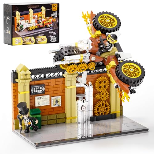 FUNWHOLE Steampunk Motorrad Verfolgungsjagd Beleuchtung Bauklötze Set – Fliegendes Motorrad Spielzeug 424 Teile Sammlung Display Set für Erwachsene und Steampunk-Fans von FUNWHOLE