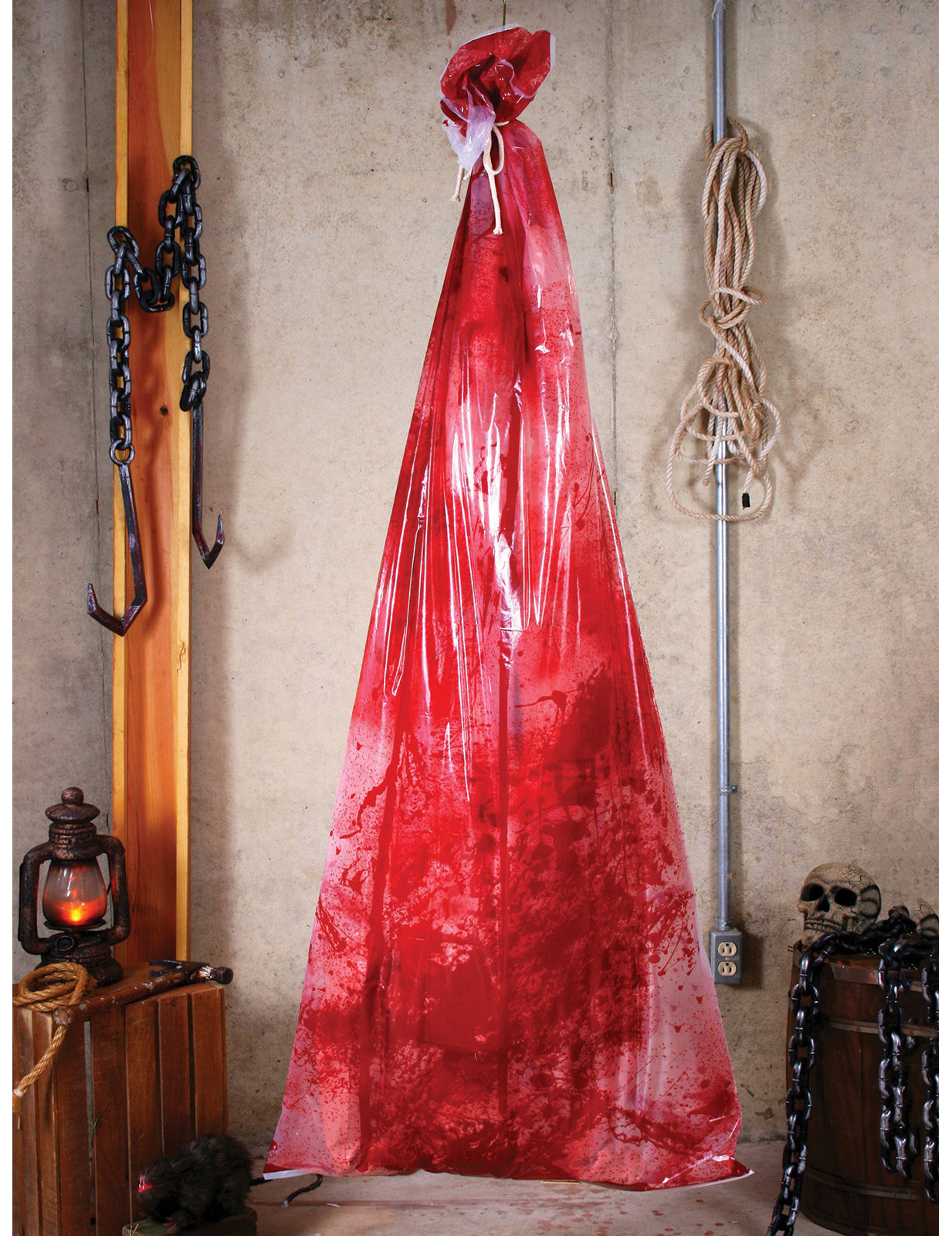 Blutiger Körper im Leichensack Halloween-Hängedeko rot 183cm von FUNWORLD