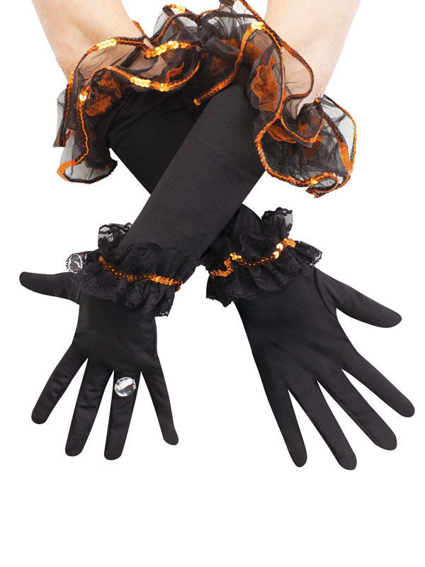 Lange Rüschen-Handschuhe mit Pailletten schwarz-orange von FUNWORLD