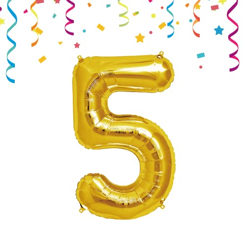 FUNXGO® Folienballon Zahl 5 Gold - Riesenzahl Ballon ca.100 cm - fliegt mit Helium - 5 geburtstag luftballon - Deko zum Geburtstage, Party, Hochzeiten - Ballon 5 Gold von FUNXGO