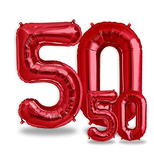 FUNXGO® folienballon 50 rot - 2 Stück - 42" & 17"- luftballon zahl 50 - Zahlen rot Ballon 50 Deko zum Geburtstag, Hochzeit, Jubiläum oder Fest, Party Dekoration -100cm & 38cm- ballon rot 50 von FUNXGO