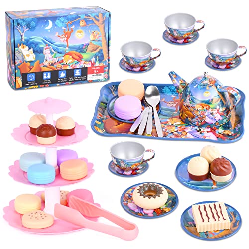 FUQUN 42Pcs Tea Party Set für kleine Mädchen, Prinzessin Tea Time Spielzeug einschließlich Dessert, Kekse, Donut, Teekanne Tablett Kuchen, Kinder Küche Pretend Play für Mädchen Jungen Alter 3-6 von FUQUN