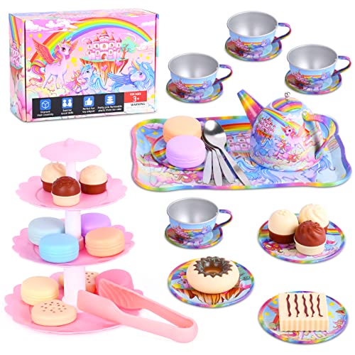 FUQUN 42Pcs Tee-Set für kleine Mädchen, Einhorn Schloss Pretend Play Tin Teapot Set, Kinder Party Set Spielzeug mit Teekanne Gerichte & Dessert für Mädchen, Prinzessin Tee Party Spielen Spielzeug von FUQUN