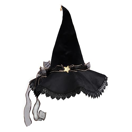 FURPHI Damen Samt Hexenhut mit Spitzenkrempe Zauberer Cosplay Halloween Kostüm Zubehör (A) von FURPHI