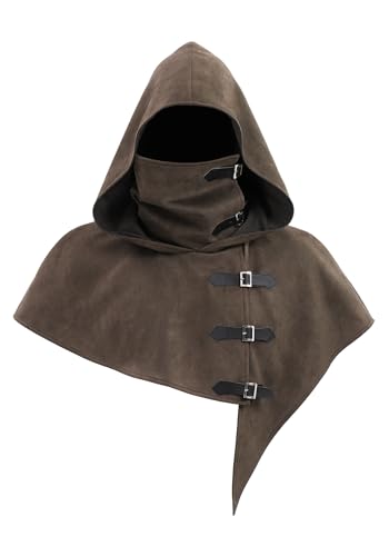 FURPHI Mittelalterliche Haube mit Riemen, Renaissance-Kapuzenumhang für Herren und Damen, Halloween-Kostüm-Zubehör (braun, groß) von FURPHI
