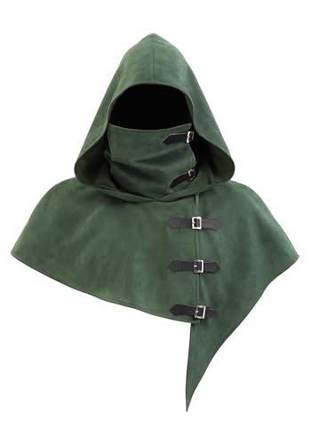FURPHI Mittelalterliche Haube mit Riemen, Renaissance-Kapuzenumhang für Herren und Damen, Halloween-Kostüm-Zubehör (grün, groß) von FURPHI