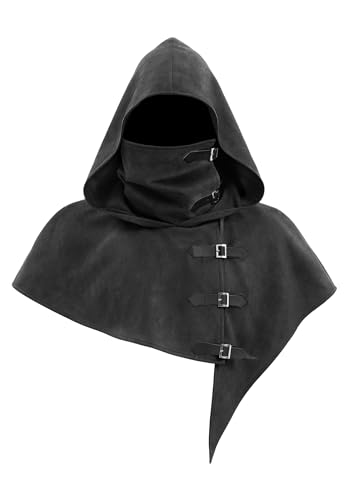 FURPHI Mittelalterliche Kuttenhaube mit Riemen, Renaissance Kapuzenumhang für Herren und Damen, Halloween-Kostüm-Zubehör (Schwarz, klein) von FURPHI