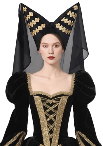 FURPHI Mittelalterlicher Escoffion Hut mit Schleier Spätmittelalter Kopfbedeckung für Frauen Halloween LARP Kostüm Zubehör, Mehrfarbig, Standard von FURPHI