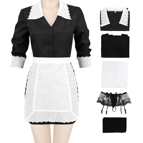 FURPHI US-Größe, französisches Dienstmädchen-Kostüm, Schürze, Kleid, Outfits für Damen, Weihnachten, Halloween, Schwarz-Weiß, XS von FURPHI