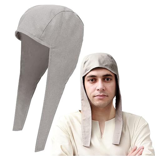 VISINE Mittelalter Coif Kappe mit Ohrenklappen für Männer Renaissance Leinen Hüte Bonnet Halloween Kostüm (Grau) von FURPHI