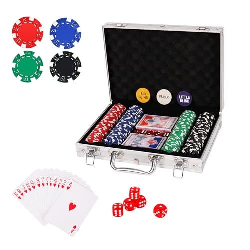 Pokerkoffer mit 200 Laserchips, Pokerset, Profi Deluxe Poker Komplettset, 12 g Chips, Dealer Button, 2 Pokerdecks, Aluminiumkoffer, Strategiespiel, Deluxe Set, Größe wählbar, Geschenk (Silber, S) von FURRYFECTION