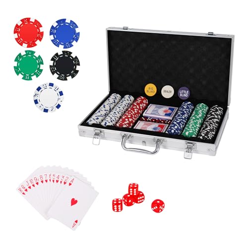 Pokerkoffer mit 300 Laserchips, Pokerset, Profi Deluxe Poker Komplettset, 12 g Chips, Dealer Button, 2 Pokerdecks, Aluminiumkoffer, Strategiespiel, Deluxe Set, Größe wählbar, Geschenk (Silber, M) von FURRYFECTION