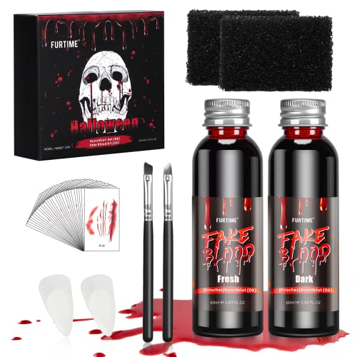 Kunstblut Halloween, FURTIME Halloween SFX Schminke Set - 60ml Künstliches Frisches Blut, 60ml Dunkelrotes TheaterBlut, Vampirzähne, Make-up-Pinsel und Schwämme, 30 Temporäre Narbentattoos Kunstblut Halloween, FURTIME Halloween SFX Schminke Set - 60ml Künstliches Frisches Blut, 60ml Dunkelrotes TheaterBlut, Vampirzähne, Make-up-Pinsel und Schwämme, 30 Temporäre Narbentattoos von FURTIME