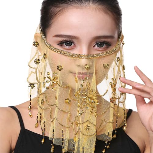 FUSHENGCHUANG Women Belly Dance Face Veil with Beads Sequins Halloween Costume Accessory: Gelb FUSHENGCHUANG Women Belly Dance Face Veil with Beads Sequins Halloween Costume Accessory: Gelb von FUSHENGCHUANG