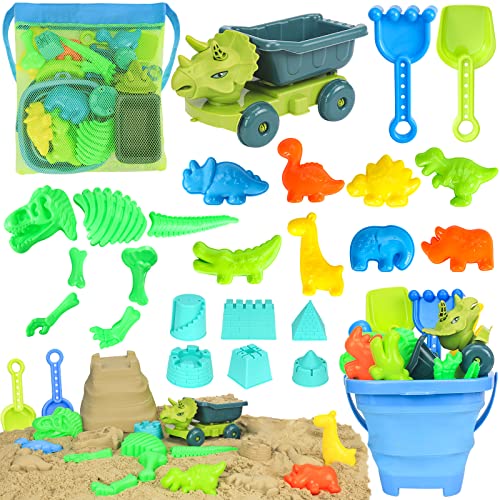 FUSPWEAO Strandspielzeug, Dinosaurier-Sandspielzeug mit Muldenkipper und faltbarer Strandwanne, Schaufel und Rechen, Netztasche, Tier-Dinosaurier-Sandformen, Spielzeug von FUSPWEAO