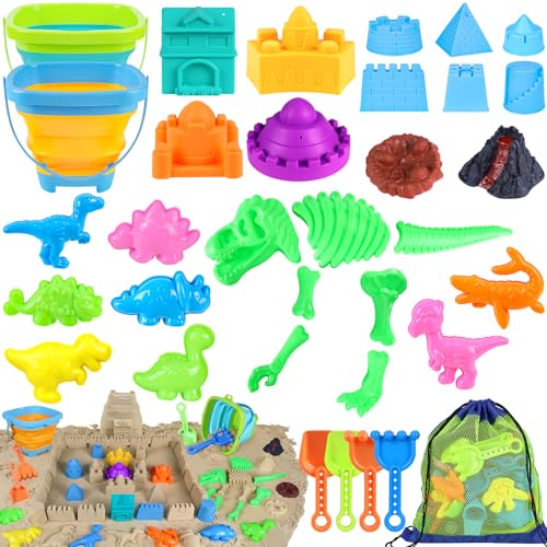 Strandspielzeug, 34-teiliges Dinosaurier-Sandspielzeug-Set für Kinder und Kleinkinder, Sandkasten-Spielzeug mit 2 faltbaren Strandeimern, Netztasche, Schloss-Sandspielzeug-Set, Sandformen Strandspielzeug, 34-teiliges Dinosaurier-Sandspielzeug-Set für Kinder und Kleinkinder, Sandkasten-Spielzeug mit 2 faltbaren Strandeimern, Netztasche, Schloss-Sandspielzeug-Set, Sandformen von FUSPWEAO
