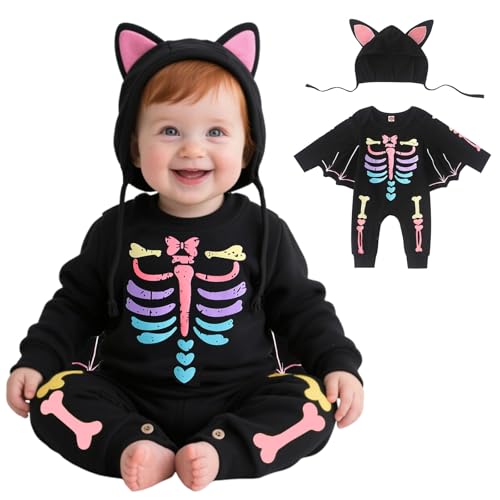 Baby Halloween Kostüm Baby Fledermaus Kostüm Halloween Outfit Infant Halloweens Strampler Set Babies Skelett Kostüms Neugeborenen Cosplay Kostüms 9-12 Monate von FUTERLY