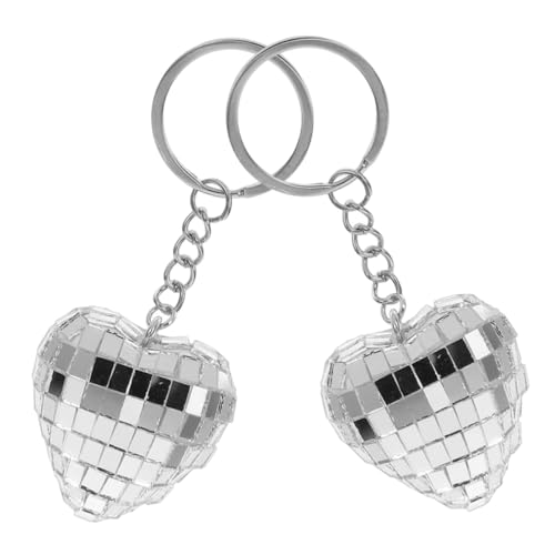 FUTUREORYY 2 Stück Herzförmiger Disco Ball Schlüsselanhänger Silber Spiegelglas Tasche Deko Partyanhänger Vielseitig Tragbar Leicht Modisch für Schlüssel Taschen von FUTUREORYY