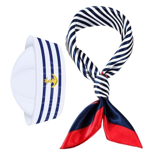 FUTUREORYY Gestreiftes Kapitänsmützen Set mit Schal Matrosen Kostüm für Erwachsene Verstellbare Yacht Mütze und Passender Schal für Karneval Halloween und Nautische Partys von FUTUREORYY
