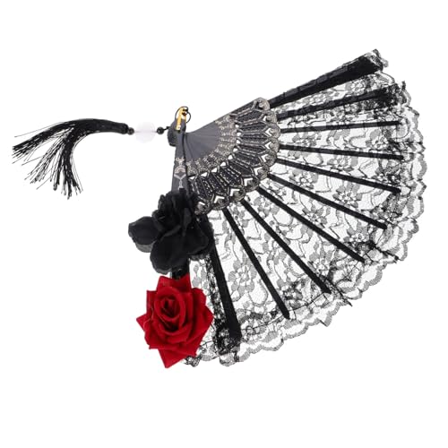FUTUREORYY Gothic Lolita Spitzen handfächer Vintage Schwarzer Faltfächer mit Rosenquaste für Damen Victorian Stil Halloween Party Zubehör FUTUREORYY Gothic Lolita Spitzen handfächer Vintage Schwarzer Faltfächer mit Rosenquaste für Damen Victorian Stil Halloween Party Zubehör von FUTUREORYY