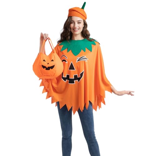 FUUNTATO Kürbis-Kostüm für Erwachsene, Halloween, leuchtet im Dunkeln, Poncho mit Kürbis-Barett und Süßigkeiten-Tragetasche, 3 Stück, Orange/Abendrot im Zickzackmuster (Sunset Chevron), M (heights 4'7 von FUUNTATO