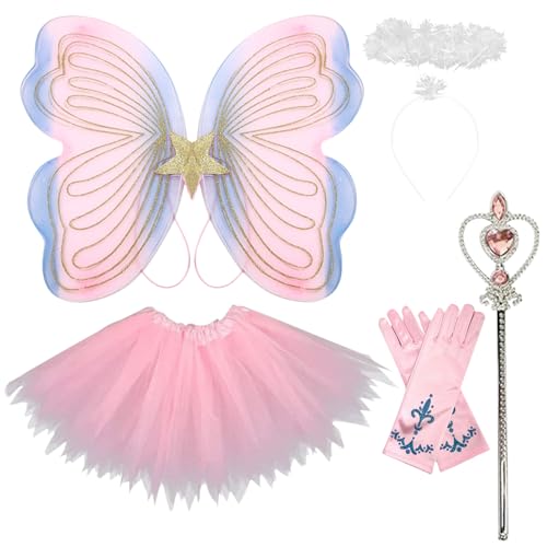 Schmetterling Kostüm Mädchen 4 teiliges: mit Tüllrock Flügel Zauberstab und Haarreif geeignet für Kinder von 2 bis 8 Jahren Karneval von FUXHBFB