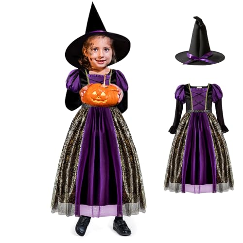 FUXHBFB Hexe Kostüm für Kinder Mädchen, Halloween Karneval Party Kleid mit Hut Kleid, Hexenhut, Zauberer, Witch, Mottoparty, Karneval… (150) von FUXHBFB