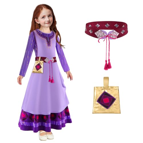 FUXHBFB Mädchen wünschen Wish Asha Kostüm Kind Prinzessin Kleid Coplay Outfit Dress Up Ohrring Halsketten Geburtstag Weihnachten Druck Kleider (110cm) von FUXHBFB