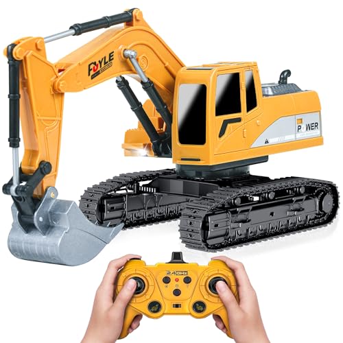 FUYLEY Ferngesteuerter Spielzeugbagger 2,4 GHz für Jungen 3-8 Jahre, RC LKW 1:24 mit Metallschaufel, Lichtern, Geräuschen und 680° Rotation von FUYLEY