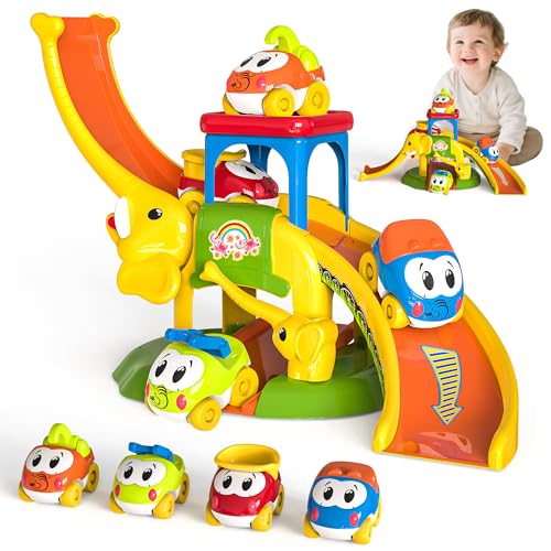 FUYLEY Kleinkindspielzeug für 1 2 Jahre alte Jungen Mädchen, Elefantenrutsche mit 4 Tierautos Lernendes Babyspielzeug, Schiebeautobahn Geburtstagsgeschenke Alter 18 Monate und mehr von FUYLEY