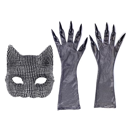 FUZYXIH Glitzernde Katzenfrauen-Gesichtsmaske, Maskenmaske, Handschuhe für Damen, Rollenspiel, Party, Kostümzubehör, Verkleidungshandschuhe, Catwomen-Maske, Maskerade-Maske für Halloween, Cosplay von FUZYXIH