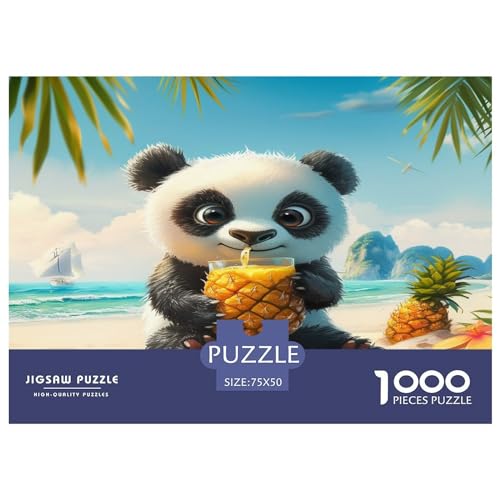 1000 Teile Sommer-Strand-Panda-Puzzle für Erwachsene und Kinder, kreatives rechteckiges Puzzle, Holzpuzzle, lustiges Lernspielzeug, 1000 Teile (75 x 50 cm) von FUmoney