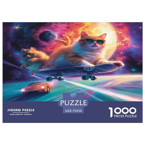 1000-teiliges rechteckiges Puzzle für Erwachsene, Weltraum-Katzen-Skateboard, kreatives Puzzle-Herausforderungsspielzeug, Puzzle für Erwachsene und Kinder, 1000 Teile (75 x 50 cm) von FUmoney
