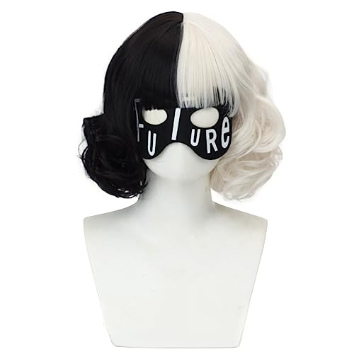 FVCENT Kurze Welliges schwarze und weiße Perücke mit 1 schwarze Augenmaske lockiges Halb schwarze Halb weiße Perücke Cosplay Party Karneva FVCENT Kurze Welliges schwarze und weiße Perücke mit 1 schwarze Augenmaske lockiges Halb schwarze Halb weiße Perücke Cosplay Party Karneva von FVCENT