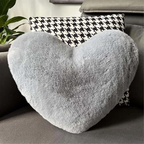 FVCTGHZ 12/17" Kunstkaninchenfell-Herzkissen, dekorative Kissen, Plüschliebe, herzförmiges, Flauschiges Dekokissen, Valentinstagsgeschenk(Gray) von FVCTGHZ