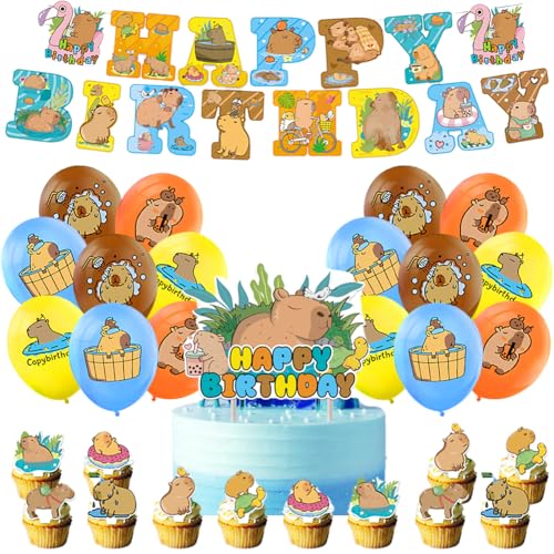 FVGYITG 30 Stück Capybara Geburtstag Party Dekorationen,Cartoon Tier Geburtstagsdekoration Capybara Happy Birthday Banner Dekorationen Latexballon Cupcake Toppers Für Jungen Und Mädchen Kinderparty von FVGYITG