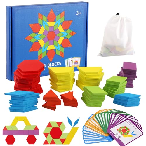 155 Stück Holzmuster Blöcke Set,Geometrische Formen HolzPuzzles,Montessori Spielzeug Puzzle mit 24 Designkarten,für 3 4 5 6 7 Jahr Kinder Pädagogisches Spielzeug Geschenk von FWHFNB