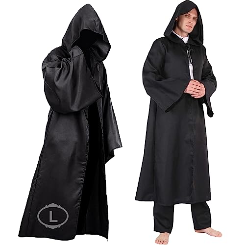 FWHFNB Jedi Kostüm,Unisex Umhang mit Kapuze,Knight Suits Black Tunika Uniform,für Damen Herren Erwachsene Cosplay Kostüm Halloween Kostüm (Schwarz, L) von FWHFNB