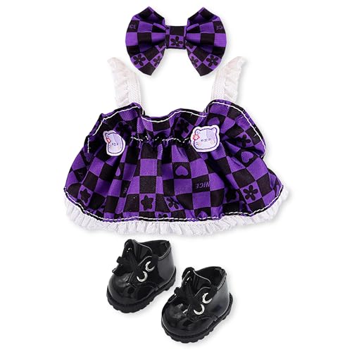 17 cm Puppenkleidung - Kawaii Fashion Style Set, geeignet für 17 cm große Labubu-Puppen, süße Puppenkleidung und Zubehör - lila Rock + schwarze Schuhe + lila Schleife (ohne Puppe) von FXiaoy