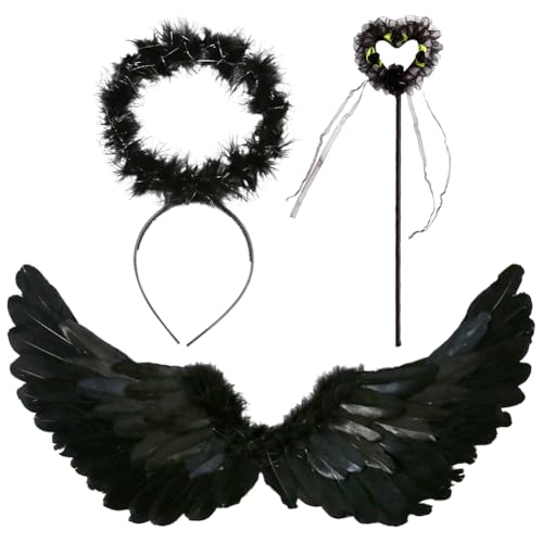 FYDZBSL Engelsflügel Deko Kostüm Schwarzer Engelsflügel Schwarze Engel Kostüm Flügel mit Heiligenschein und Zauberstab Heiligenschein für Halloween Karneval Cosplay Party Fasching Verkleidung von FYDZBSL