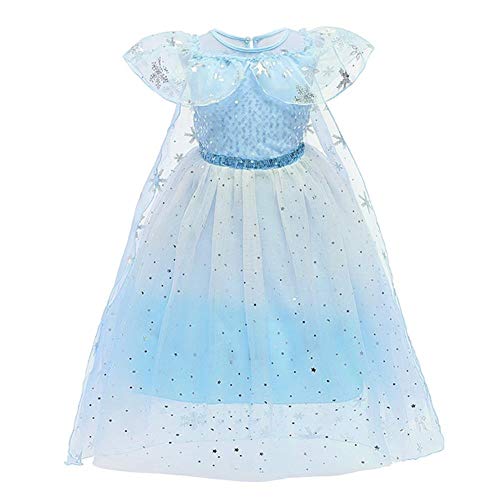 Elsa Kostüm Mädchen Eiskönigin Verkleidung Prinzessin Pailletten Tüllkleid mit Schneeflocke Umhang Outfit für Karneval Fasching Halloween Cosplay Weihnachten Geburtstag Party Gradient Blau 3-4J von FYMNSI