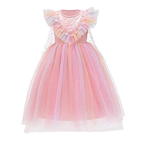 FYMNSI Elsa Kostüm Mädchen Eiskönigin Verkleidung Prinzessin Pailletten Tüllkleid mit Schneeflocke Umhang Outfit für Karneval Fasching Halloween Cosplay Weihnachten Geburtstag Party Rosa 5-6 Jahre von FYMNSI