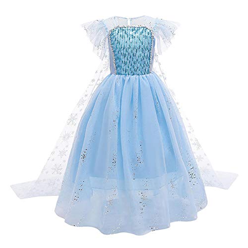 FYMNSI Kinder Eiskönigin 2 ELSA Kostüm Kleid Mädchen Prinzessin Königin Halloween Cosplay Pailletten Tüll Maxikleid Geburtstag Partykleid Weihnachten Fasching Karneval Verkleidung Blau 8-9 Jahre von FYMNSI