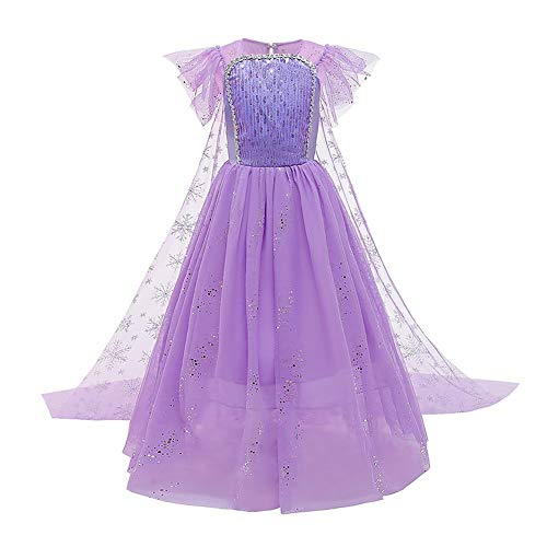 FYMNSI Kinder Eiskönigin 2 ELSA Kostüm Kleid Mädchen Prinzessin Königin Halloween Cosplay Pailletten Tüll Maxikleid Geburtstag Partykleid Weihnachten Fasching Karneval Verkleidung Lila 7-8 Jahre von FYMNSI