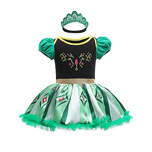 FYMNSI Kleinkinder Baby Mädchen Anna Cosplay Kleid Schneekönigin Prinzessin Kostüme Kurzarm Bodykleid Stirnband Set Verkleidung Halloween Weihnachten Karneval Geburtstag Partykleid Grün 12-18 Monate von FYMNSI