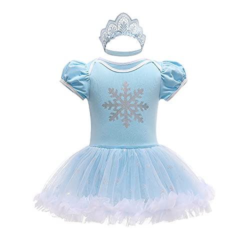 FYMNSI Kleinkinder Baby Mädchen Elsa Cosplay Kleid Schneekönigin Prinzessin Kostüme Kurzarm Bodykleid Stirnband Set Verkleidung Halloween Weihnachten Karneval Geburtstag Partykleid Blau 3-6 Monate von FYMNSI